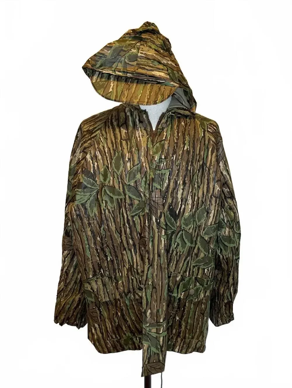 Vintage Realtree Camo Vinyl Rain Jacket Hunting Gorpcore Hooded Waterproof ~XL